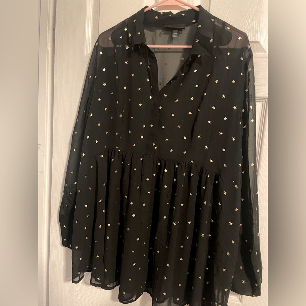 Lane Bryant sheer black blouse with gold stars